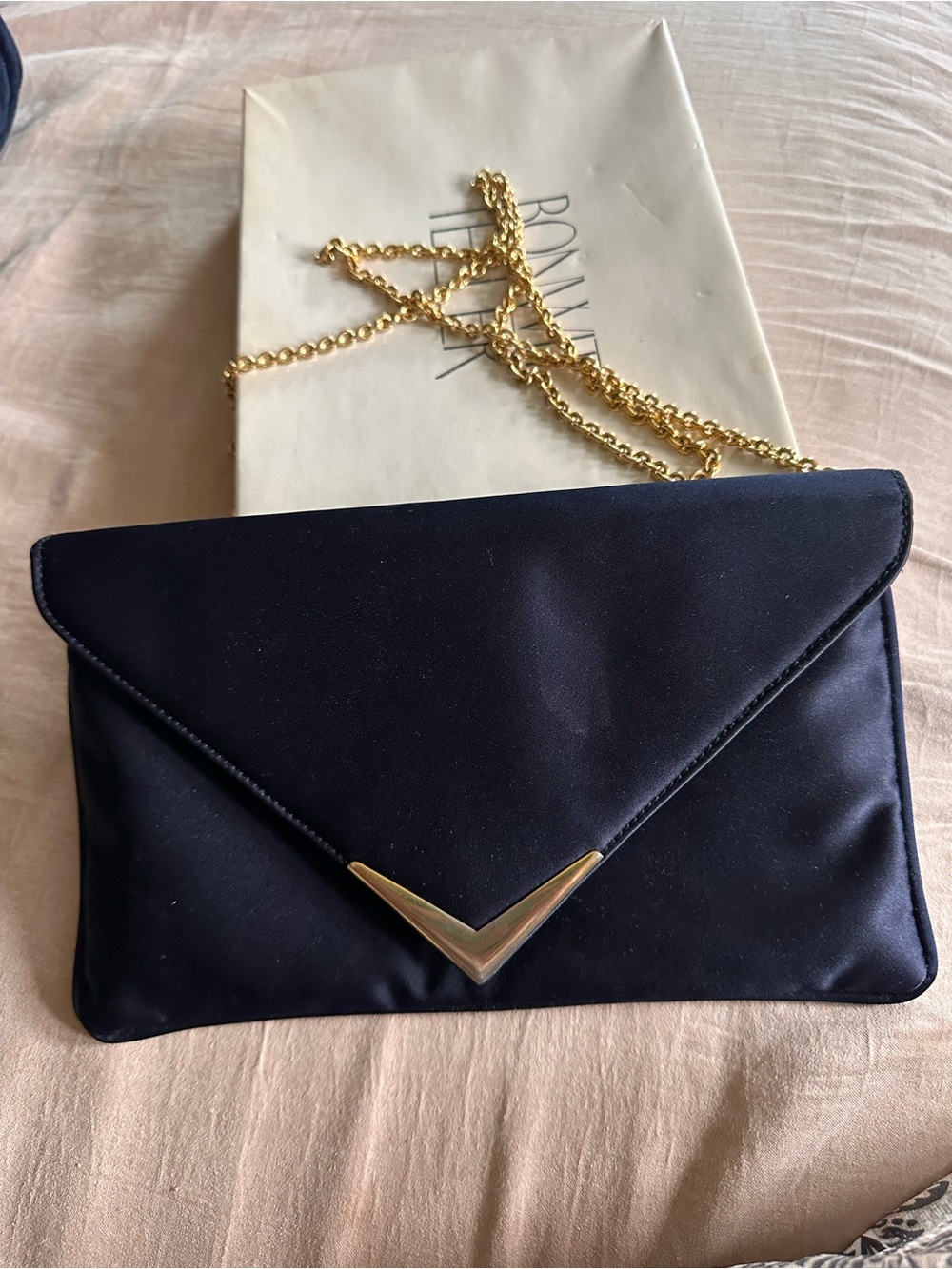 Vintage Bonwit Teller Navy Satin Envelope Crossbody Clutch with Gold Chain